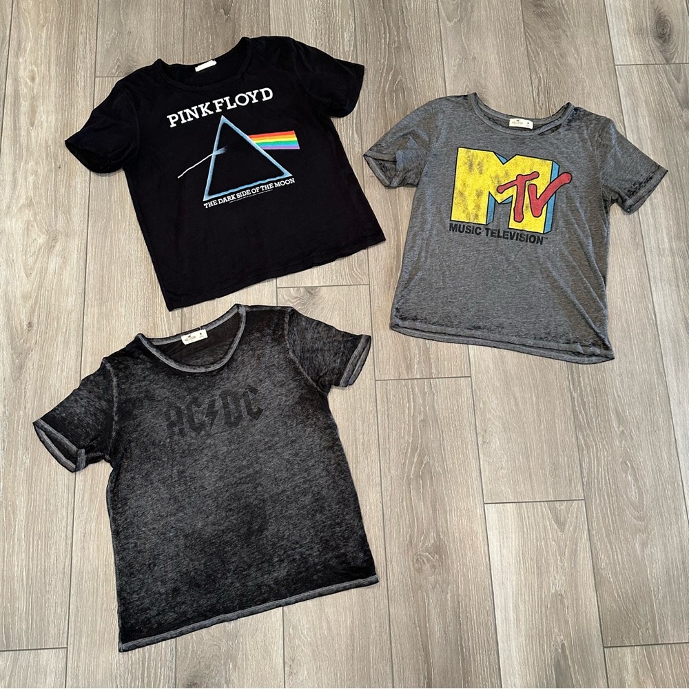 Bundle of 3 Hollister AC/DC, Pink Floyd, & MTV Distressed Baby Tees